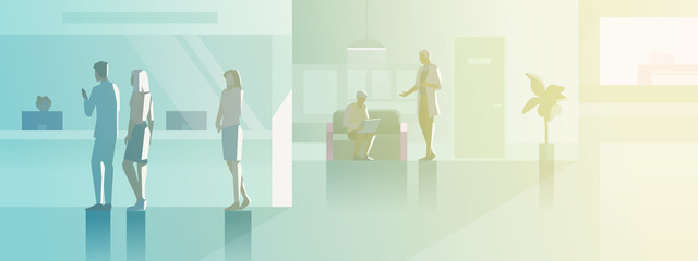 Reception in Hospital flat vector illustration. Patients Visitors standing at registration desk in Hall Medical Clinic interior collection.