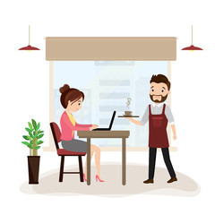 Female customer or freelancer and male waiter in the cafe