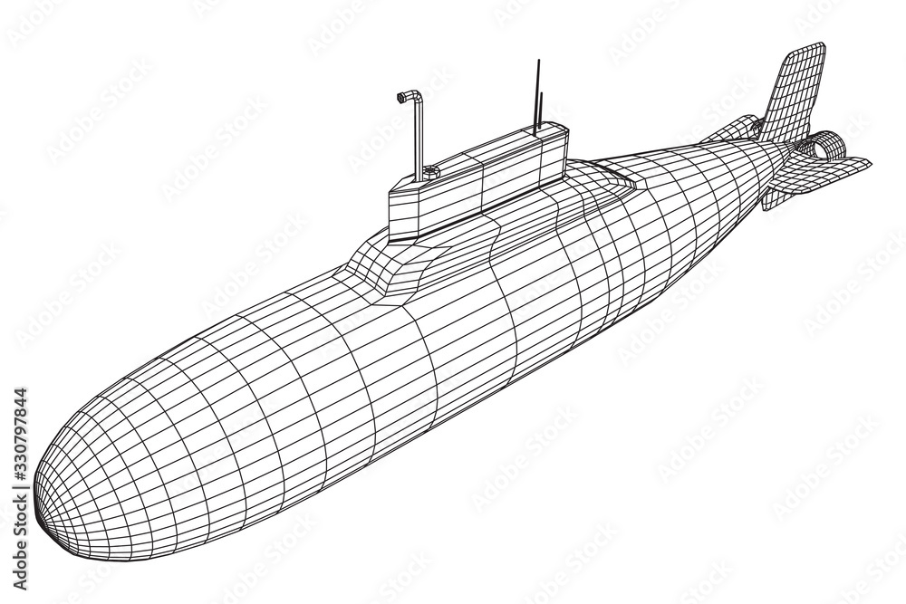 Sticker Military atomic submarine underwater boat. Wireframe low poly mesh vector illustration