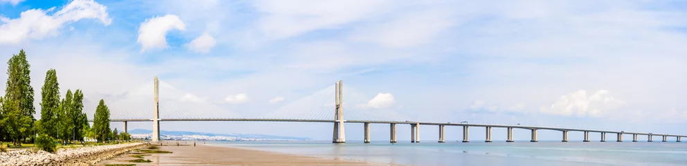 Vasco da Gama bridge, a cable stayed bridge flanked by viaducts and rangeviews that spans the Tagus River in Lisbon, Portugal