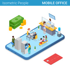 Mobile Office Banking in Smartphone Isometric Flat vector illustration concept. People working giving getting money in Mobile Phone.