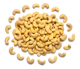 Cashew nuts isolated on white background. Perfectly retouched, full depth of field on the photo. Top view, flat lay