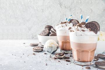 Coffee mocha milkshake with cookies and cream. Ice cream and chocolate cookies sweet latte...