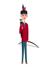 Native American Tribe Member In Traditional Indian Clothing With Weapons. Cartoon dressed man in indian style with bow