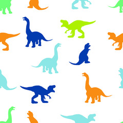 Multicolored dinosaurs on white background. Seamless pattern. Print for children.
