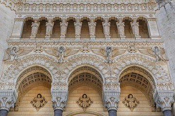 Basilica Notre-Dame de Fourviere on the Fourviere hill, dedicated to the Virgin Mary. It built between 1872 and 1884. Lyon. France.