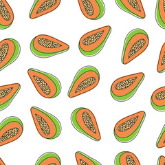 Seamless papaya slices pattern design for textile, print, surface design. Tropical fruits pattern with cut papayas