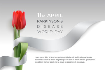 Parkinson's disease day horizontal banner with ribbon and flower