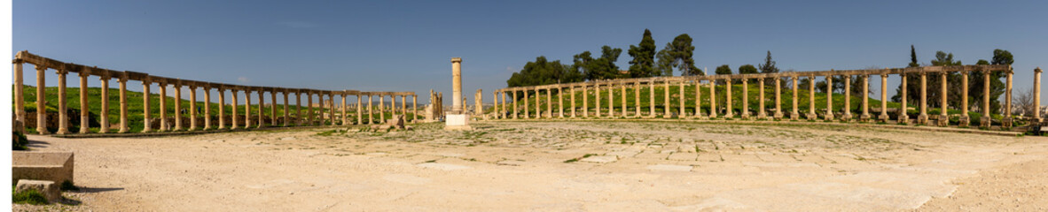 Panorama of the Oval Forum at the Roman ruins of Gerasa, Jerash, Jordan