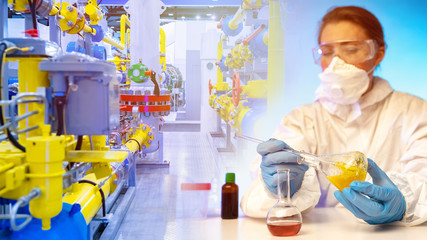 Obraz na płótnie Canvas Concept - Analysis of chemical plant emissions. Environmentally friendly chemistry recycling plant. Concept - a technologist at a chemical plant. Lab technician mixes liquid in test tubes
