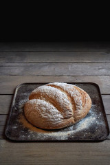 A loaf of fresh bread on baking sheet