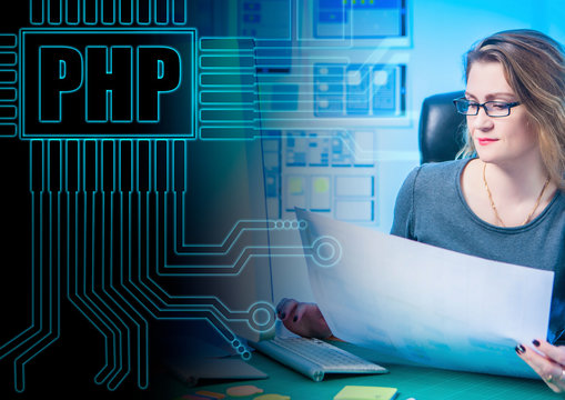 PHP programming language. Personal Home Page. A woman chooses a programming language. Senior PHP Developer. Concept - woman developer. Concept - Teamlead thinks through new functionality. &Ccedil;&iacute;&agrave;&iacute;&egrave;&aring; PHP