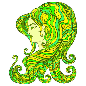 Beautiful fantasy woman with green hair forest fairy shaman. Isolated pattern.