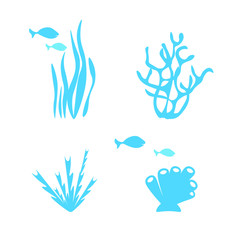 silhouettes of marine plants.  marine life set vector illustration.  underwater world corals and algae