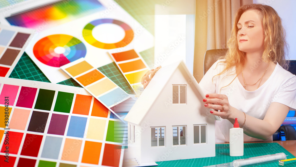 Poster girl architect creates a model of the building. architect thinks over the color of the building. con