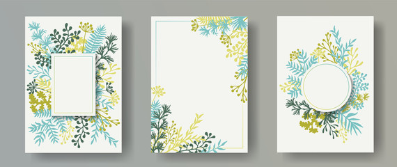 Tropical herb twigs, tree branches, flowers floral invitation cards templates. Bouquet wreath modern invitation cards with dandelion flowers, fern, lichen, olive branches, sage twigs. © SunwArt