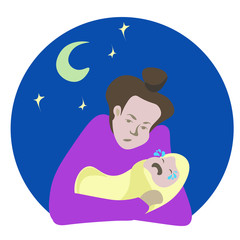 Vector illustration of a young mom puts the newborn to bed.  the baby cries and does not want to sleep at night.  A tired mother cradles a crying baby. colic bothers a newborn baby