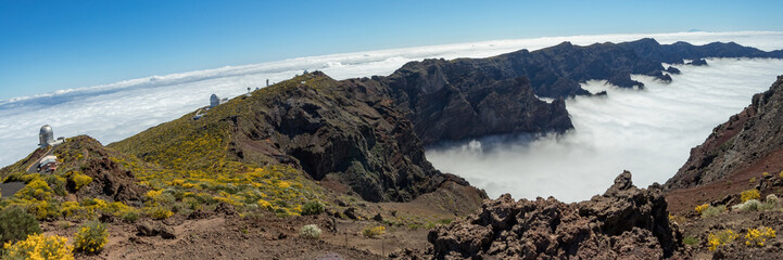 Super wide panorama of Roque de los Muchachos Observatory located in the island of La Palma in the Canary Islands. Observatory at Caldera De Taburiente. Science and technology