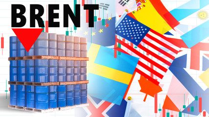 USA. Europe. Canada. The fall in oil prices. Blue barrels next to the flags of different states. Export of Brent crude oil to Europe. Concept - Sale of oil in the European Union. Naphtha