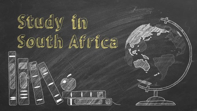 Lettering "Study in South Africa", rotating globe and school books are drawn with chalk on a blackboard. Study abroad concept.