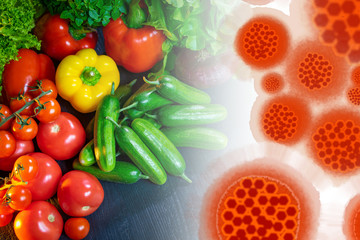 Infection. Image of virus next to vegetables. Concept - infection due to non mytyh vegetables. Violation of the rules for cooking. Concept - food poisoning. Vegetables are infected with an infection