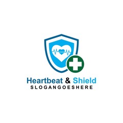 Shield, Heartbeat pulse and cross Coloured Green Logo Template Design vector for Business medical, Emblem, Design concept, Creative Symbol, Icon