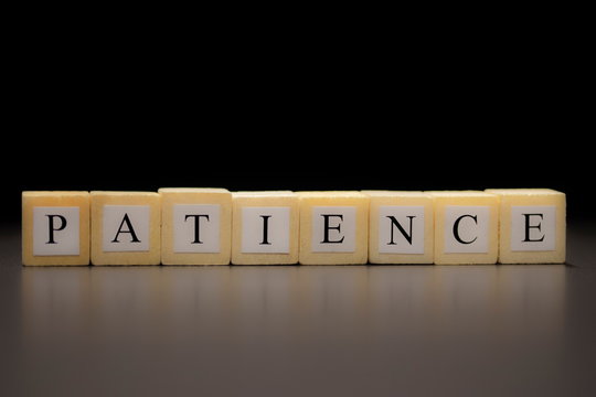 The word PATIENCE written on wooden cubes, isolated on a black background...