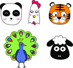 Cute colorful cartoon baby animals vector illustration flat icon of panda bear, chicken, tiger, peacock, sheep.