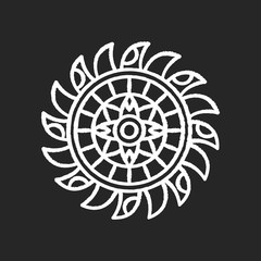 Boho style circle ornament chalk white icon on black background. Abstract flower decorative esoteric element. Round with symmetric ethnic pattern. Isolated vector chalkboard illustration