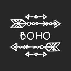 Boho aesthetic arrows chalk white icon on black background. Bohemian and hippie style accessory. Ethnic home decoration, wild and free spirit symbol. Isolated vector chalkboard illustration