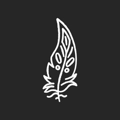 Boho feather chalk white icon on black background. Native American Indian tribal motif, mystic symbol. Bohemian chic fashion and hippie ethnic accessory. Isolated vector chalkboard illustration