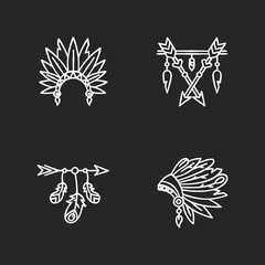 Native american indian hat and amulet chalk white icons set on black background. Boho style charm with arrows and teeth. Ethnic accessories. Isolated vector chalkboard illustrations