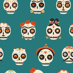 Sugar Sculls. Fancy skeleton heads. Various ornaments. Hand Drawn Vector illustration. Mexican Day of the Dead. Dia de los muertos. Halloween decoration. Seamless pattern