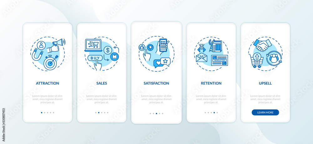 Poster increasing user satisfaction onboarding mobile app page screen with concepts. selling and upselling 