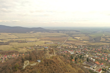 Fototapeta na wymiar Aerial view of the castle in the village Slanec in Slovakia