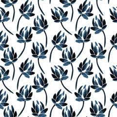 Seamless watercolor pattern with navy succulents on white background. Abstract desert plants, cactus. Hand painted, textile surface for fabric print, stationery and gift paper wrap