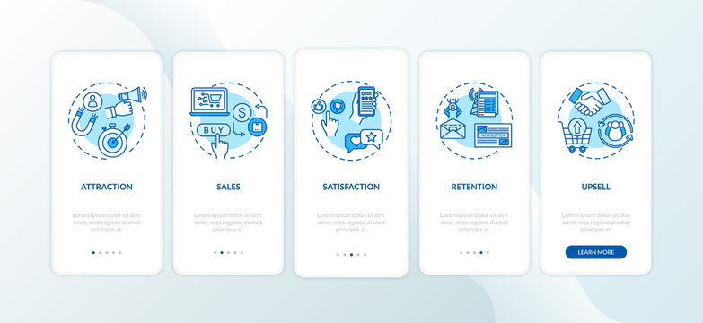 Increasing user satisfaction onboarding mobile app page screen with concepts. Selling and upselling walkthrough 5 steps graphic instructions. UI vector template with RGB color illustrations