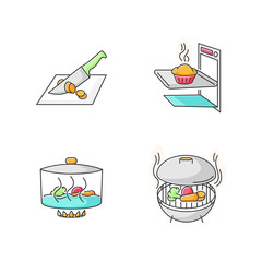 Cooking methods RGB color icons set. Various culinary techniques, food preparation process. Cutting, baking, stewing and grilling isolated vector illustrations