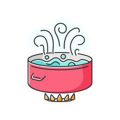 Boiling RGB color icon. Food preparation method, culinary technique, simmering, poaching. Cooking pot, pan with water on oven fire isolated vector illustration