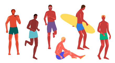 Collection of beautiful men in swim trunks. Boys in different poses, nationalities, skin colors on the beach. Hand drawn vector illustration in cartoon flat style. Colorful element isolated in white.