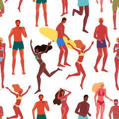 Seamless pattern of beautiful women and man in swimsuit. People on the beach vacation, summer. Vintage vector wallpaper in cartoon flat style. Colored background for design print, wrap, fabric, cards.