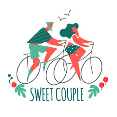 Couple on bicycles. Man and girl. Sport and vacation travel. Stylised people.