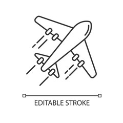 Airplane pixel perfect linear icon. Flight with airlines. Take airliner to destination. Thin line customizable illustration. Contour symbol. Vector isolated outline drawing. Editable stroke