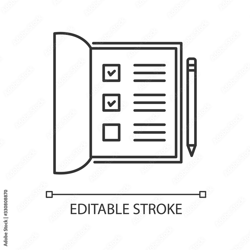 Poster open notebook pixel perfect linear icon. list with ticked checkboxes. mark boxes for poll. thin line