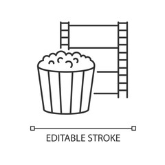 Movie night pixel perfect linear icon. Theater show evening. Watch film in cinema. Popcorn in box. Thin line customizable illustration. Contour symbol. Vector isolated outline drawing. Editable stroke
