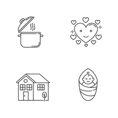 Lifestyle pixel perfect linear icons set. Cooking pot. Affectionate love. Housekeeping, family care. Customizable thin line contour symbols. Isolated vector outline illustrations. Editable strokes
