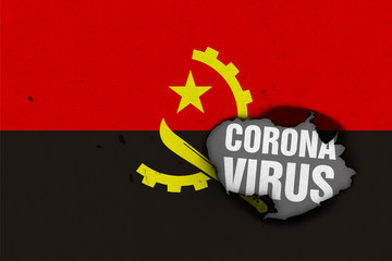 Flag of Angola with burned out hole showing Coronavirus name in it. 2019 - 2020 Novel Coronavirus (2019-nCoV) concept, for an outbreak occurs in the Angola.