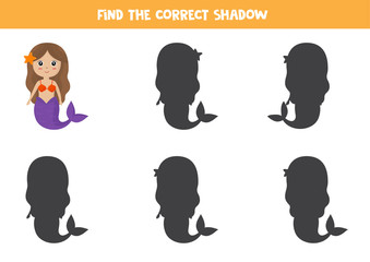 Find the correct shadow of mermaid. logical game for kids.