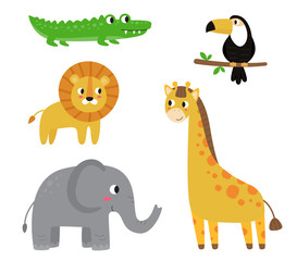 Collection of cute cartoon African animals on white background.