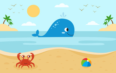 Fototapeta na wymiar Large whale in the sea. Red crab on the beach. Sea landscape.